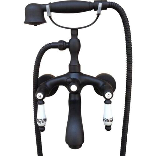 Black Oil Rubbed Brass Double Ceramic Handles Wall Mounted Claw Foot Bathroom Tub Faucet Mixer Tap With Handshower mtf569