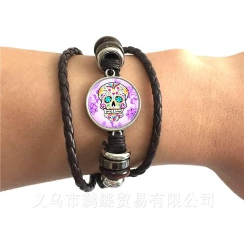 Mexico Candy Skeleton Glass Dome Time Gem Bracelet European and American Hot Sale Black/Brown Leather Bangle Personalized Jewelr