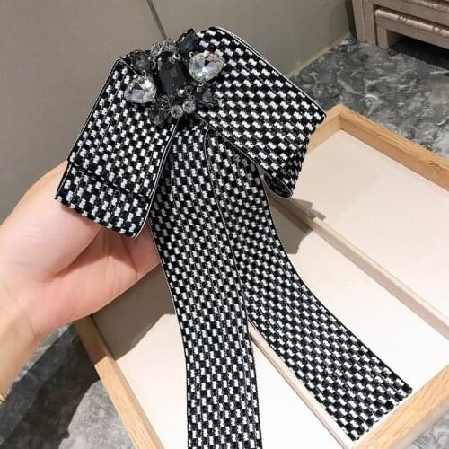 Fashion Houndstooth Big Bow Tie Womens Clothing Coat Shirt Accessories Brooch Korean Rhinestone Collar Flower