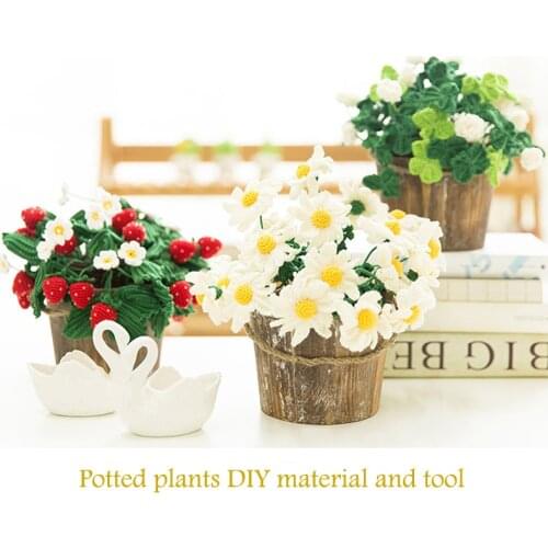 Handmade DIY Crochet Knitting Potted Plants Flowers Daisy Strawberry Clover Colorful Wool Flower Needlework Home Decorations