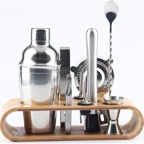 10pcs Cocktail Shaker Set Jigger Mixing Spoon Barware Bartender Tools Wood Storage Stand Mixed Drinks Bar tools