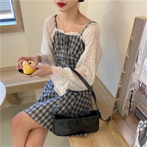 Autumn sweet plaid Print Dress Women puff Long Sleeve Dresses square collar Mori girl Mini Dress Female Roupa Feminina