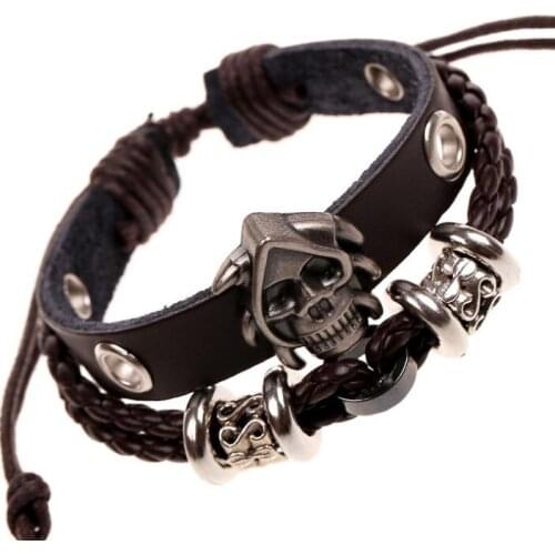 Punk Gothic Skull Jewelry Metal Skeleton Beads Charm Leather Bracelet Black Wrap Bangle Vintage Rock Fashion Women Men Wristband
