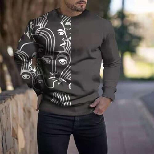 Casual Fashion LooseT Shirt Face Portrait Vintage Print Men Clothes O-Neck Large Size Pullover Long Sleeve T-Shirt Spring Autumn