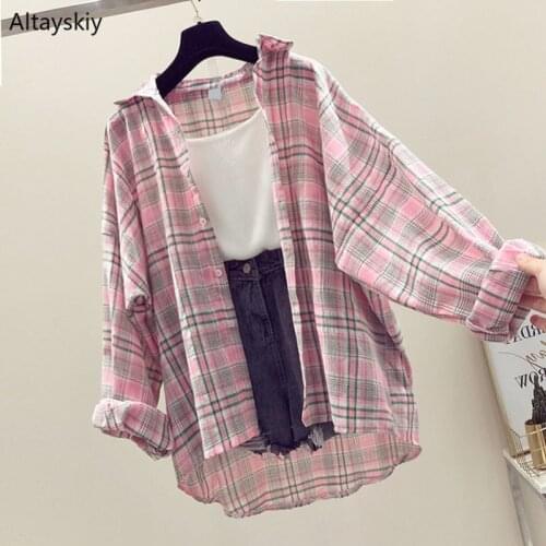 Shirts Women Spring Summer Trendy All-match Simple Plaid Turn-down Collar Casual Womens Shirts Streetwear Sun Resistant Ulzzang