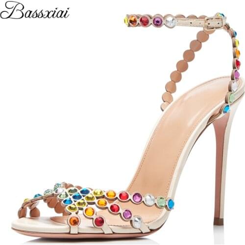 Luxury Colorful Diamond Ankle Strap Sandals Women Jeweled Rhinestone Narrow Band Open Toe Thin High Heel Summer Sandalias