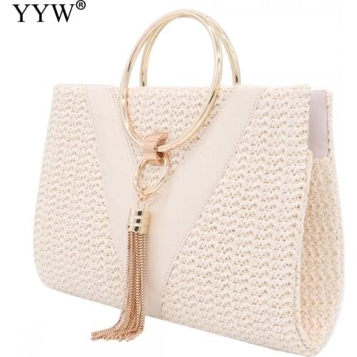 Straw Zinc Alloy Tassels Handbag For Women 2020 Wedding Party Clutch Bags With Chain Circular Ring Bolsa Feminina Purse Evening