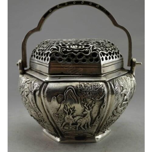 Elaborate Chinese Collectible Decorate Old Handwork Tibetan Silver Crane Tree Bird Incense Burner