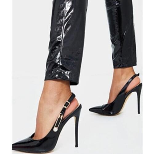 Western Fashion Metal Buckle Slingback Sandals Women Black Pointed Toe High Heel Summer Pumps Shoes Stilettos Big Size 43