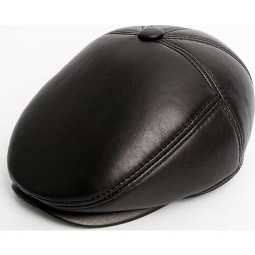 XdanqinX Men Real Genuine Leather Hat Warm Berets Winter Mens Thick Sheepskin Leather Caps Fur Earmuff Cap Elderly Winter Beret