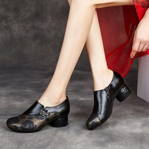 YourSeason Ladies Print Pumps Genuine Leather 2021 Spring Autumn Handmade Concise Women Zip Vintage Shoes National Style