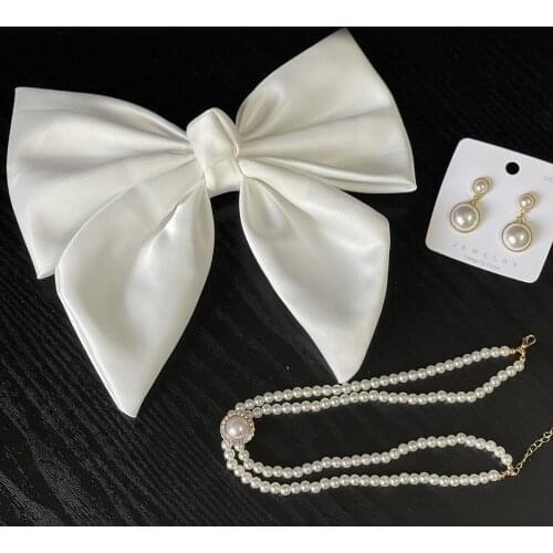 White Bow Headbands Necklace & Ear Clips Jewelry Set Fashion Simulated Pearl Wedding Jewelry for Women Girls Hair Accessories