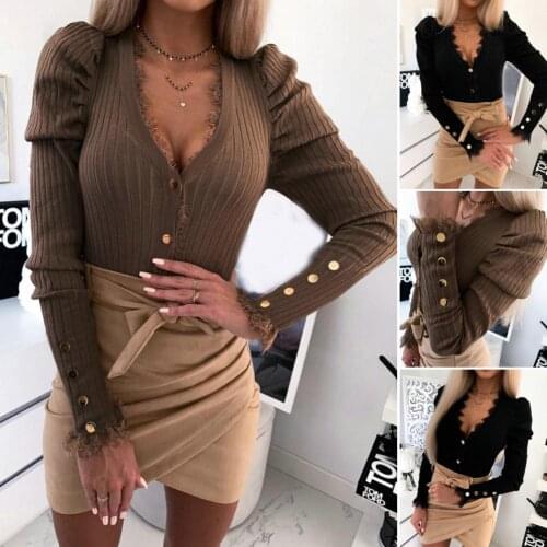 Women Autumn Sexy Solid Color Sexy Lace V Neck Long Sleeve Button Knit Sweater Cardigan Female Cotton Long Sleeve Tops Femme