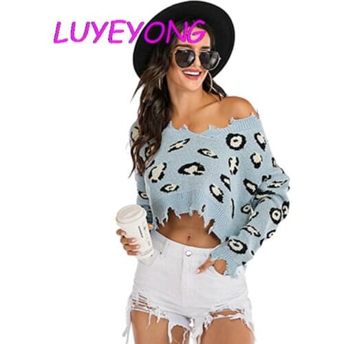 Leopard Sweater 2020 Lady Deep V Neck Short-length Hipster Street Sweaters Broken Women Sexy Long-sleeve Basic Light Blue Top