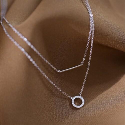 925 Sterling Silver Double Layer Link Chain Crystal Round Bead Pendant Choker Necklace For Women Statement Wedding Jewelry dz623