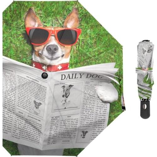 Dog Reading Newspaper Umbrella Automatic Umbrella Three Folding Customized DIY Dogs Parasol Sunny Rainy Umbrellas for Women