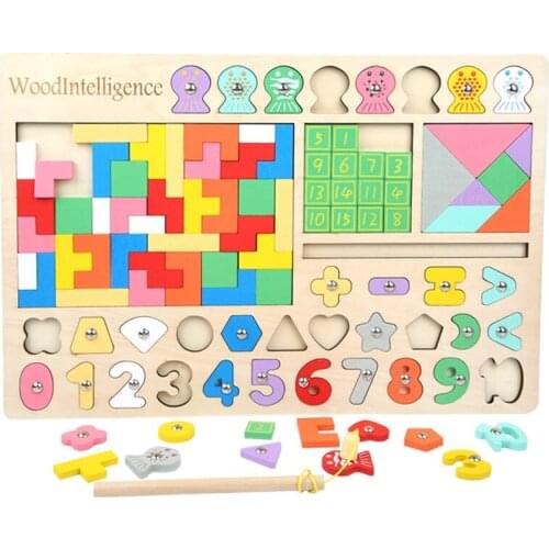 Wooden Seven-piece Puzzle Game Montessori Early Educational Math Fishing Shape And Number Cognitive Matching Toys For Childrens