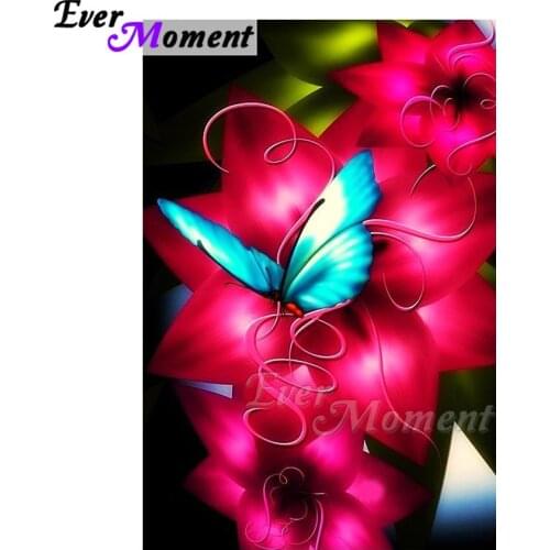 Ever Moment Diamond Painting Full Square Drill Red Flower Butterfly Home Decoration Cross Stitch Diamond Embroidery ASF1563