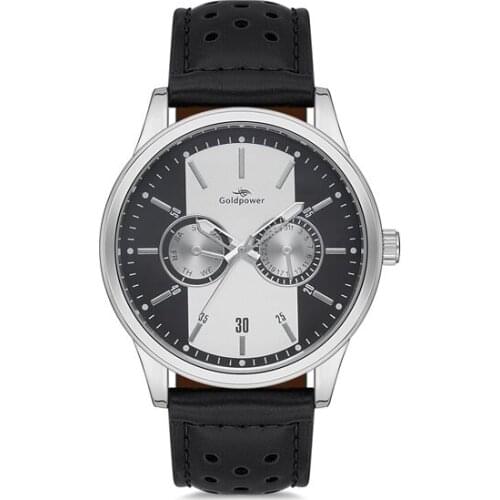 Goldpower Black Leather Watchband Metal Case Men 'S Wristwatch Clock