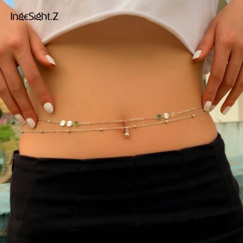 IngeSight.Z Multi Layered Copper Sequins Bead Chain Harness Belly Chain Small Ball Pendant Women Sexy Waist Chain Body Jewelry