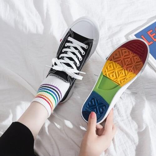 21 Womens Vulcanize Shoes Casual Low Cut Rainbow Shoes Ladies Lace Up Breathable Student Walking Canvas Shoes Zapatos De Mujer