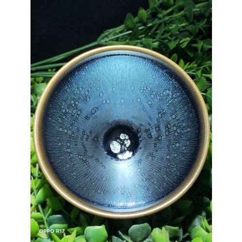 Jianzhan Tenmoku Glaze Tea Cup Pottery Chawan Blue Rare Sky Eye Pattern Handmade Chinese Porcelain Best for Tea Ceremony