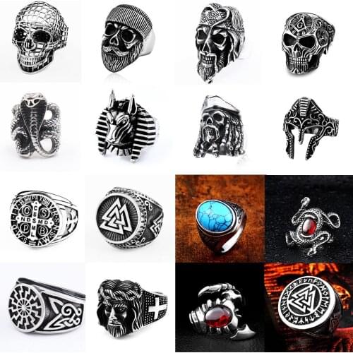 Retro Skull Mature Men Rings 316 Stainless Steel Red CZ Stones Animal Wolf Hippo Rings Punk Bar Party Biker Boy Jewelry New Gift