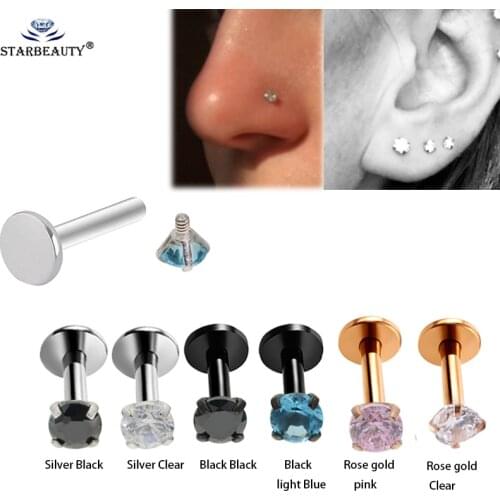 1Pc 1.2*8mm 3A Zircon Rose Gold Silver-Color Labret Lip Ring Internally Threaded Prong Gem Monroe 16G Tragus Helix Ear Piercing