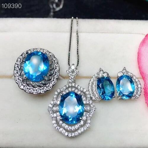 Natural blue topaz gem jewelry sets natural gemstone ring earrings necklace S925 silver Luxurious Sun flower Women girl gift