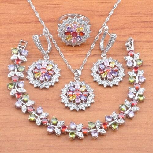 2020 New Silver Color Jewelry Sets For Women Christmas gifts Multicolor Zirconia Earrings Ring Pendant Bracelet JS0738