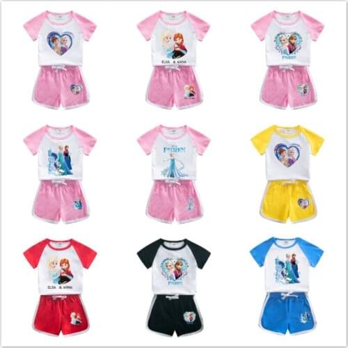 Summer Baby Girls Clothes Cartoon Princess Frozen Anna Elsa Print Kids Children Top Tee Short Sleeve T Shirts + Shorts 2Pcs Sets