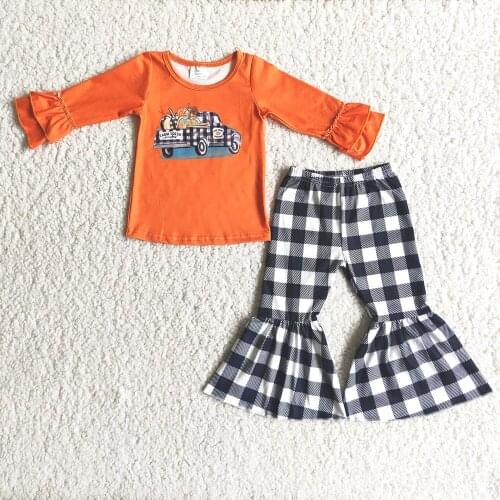 Hot Sale Kids High Quality Long Sleeve Outfit Toddler Girls Orange Color Top With Pumpkin Truck Match Black White Plaid Bells