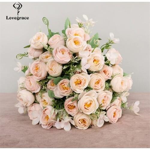 Lovegrace Small Bunch Artificial Flower 5 Forks Silk Rose Mini Bouquet Wedding Girl Holding Flower Fake Rose Wedding Home Decor