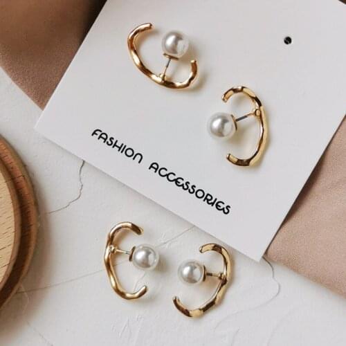 Fashion Gold Color Imitation Pearl Wave Line Geometric Half Circle Small Stud Earrings for Women Girl Accessories Jewelry