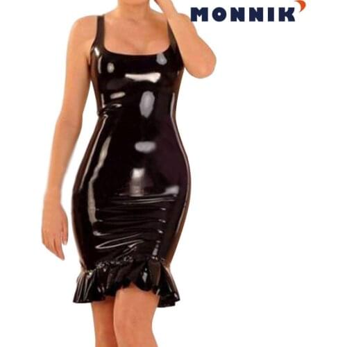 MONNIK latexsexy lingerie Sexy Black Latex Dresses Rubber Unique Party Womans Gown Lace Trim Club Wear