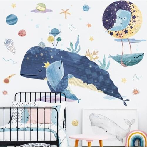 Cartoon Whale Wall Sticker Balloon Moon Self-adhesive Decal Childrens Room Bedroom Anime Decor Kindergarten Decoration
