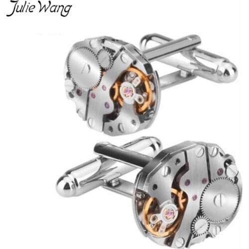 Julie Wang 1pair Watch Movement Cool Punk Style Cuff Links Mens Cufflinks Jewelry Accessory Fine Valentines Anniversary Gift