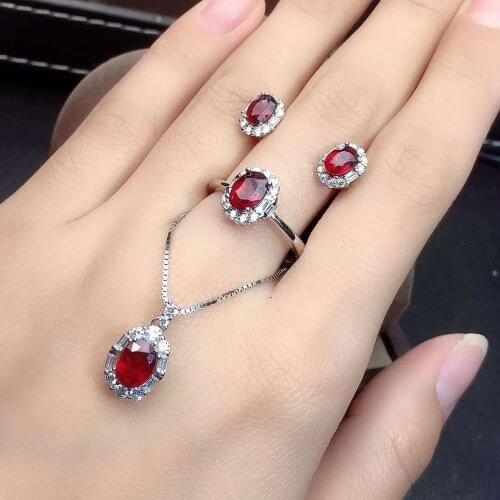 Real Natural Ruby jewelry set Natural Real Ruby 925 sterling silver 1pc pendant,1pc ring,2pcs Earring