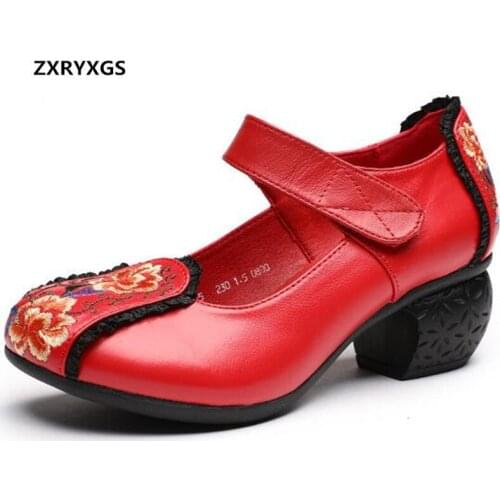 New Spring Top Cowhide Embroidered Ladies Leather Shoes Women High Heel Shoes Non-slip Women Shoes Elegant Fashion Wedding Shoes