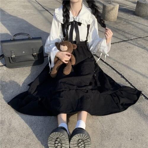 Spring New Japanese Style Sweet College Style High Waist Show Thin Black Mid-Length lolita dress Womens Autumn and Winter