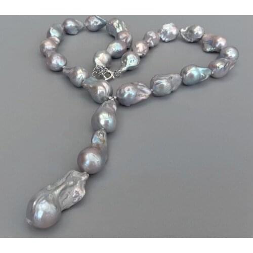 YYGEM Class style Natural Grey Nucleated Flameball Baroque Pearl Baroque Rosary Necklace Pendant 21" for women
