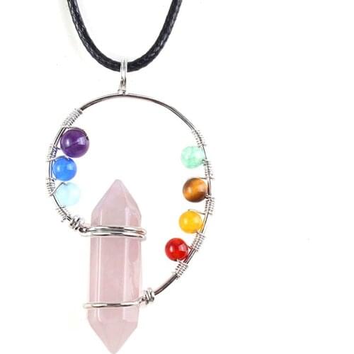 KFT Natural Rose Pink Quartz Hexagon Chakra Stone Pendant Necklace with Rope Chain For Women Men Jewelry