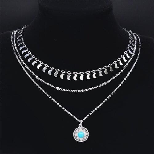 3PCS Boho Flower Green Stone Stainless Steel Necklace Women Silver Color Layered Charm Necklace Jewelry collier NXS04