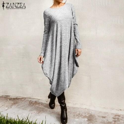 Womens Irregular Dress ZANZEA 2021 Spring Sundress Fashion Long Sleeve Midi Vestidos Female Casual Solid Robe Femme