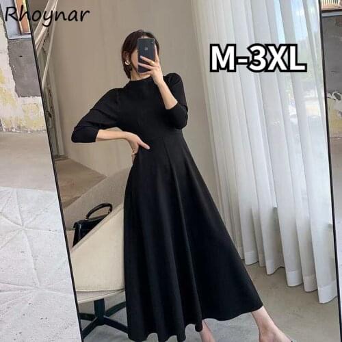 Dresses Women Solid O-neck Office Mature Ladies Fashion Folds A-line Streetwear Ankle-length Ulzzang Clothing Chic Trendy Retro