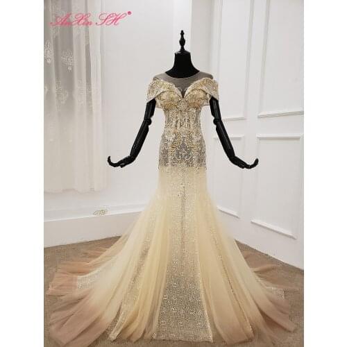 AnXin SH Luxury princess flower champagne lace trumpet beading crystal o neck illusion mermaid wedding dress 100% real photo