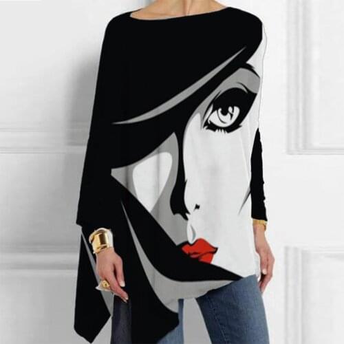 Abstract Face Printed Shirt Women Vintage O-Neck Long Sleeve Shirts Loose Female T-shirts Oversized Harajuku Tops Woman Tshirts
