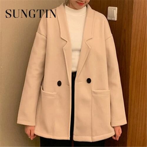 Sungtin Women Notched Collar Solid White Black Blazer Coat Wool Blends Autumn Office Lady Female Blazer Coat Pockets Elagant OL