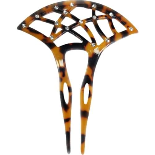 Japanese Style U-Shaped Acetate Hair Stick Fork Hollow Out Fanshaped Tortoise Shell Updo Chopstick Hairpin Shiny Rhinestone 094B