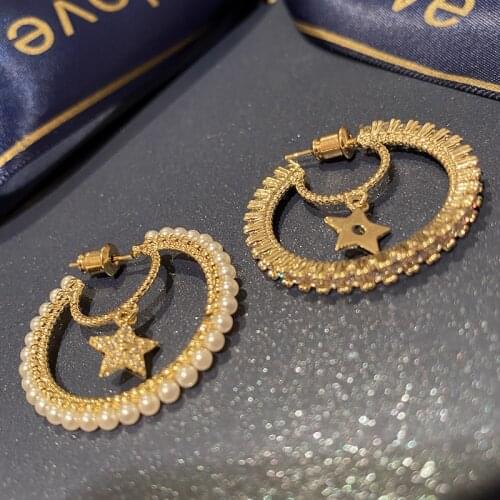 Pearl Circle Earrings Zircon Star Pendant Gold Color Retro Sense Luxury Temperament For Women Modern Geometric Jewelry